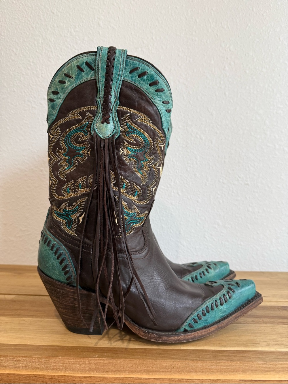 Lucchese Western Cowboy Boots Choc Brown Turquoise Crater Wingtip Fringe 6 B - Picture 3 of 14
